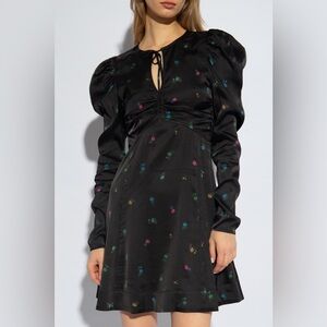 GANNI FLORAL PRINTED SATIN LONG SLEEVE MINI DRESS